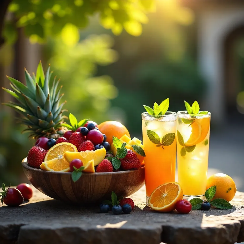 Vibrant fruit bowl and drinks on rustic stone table