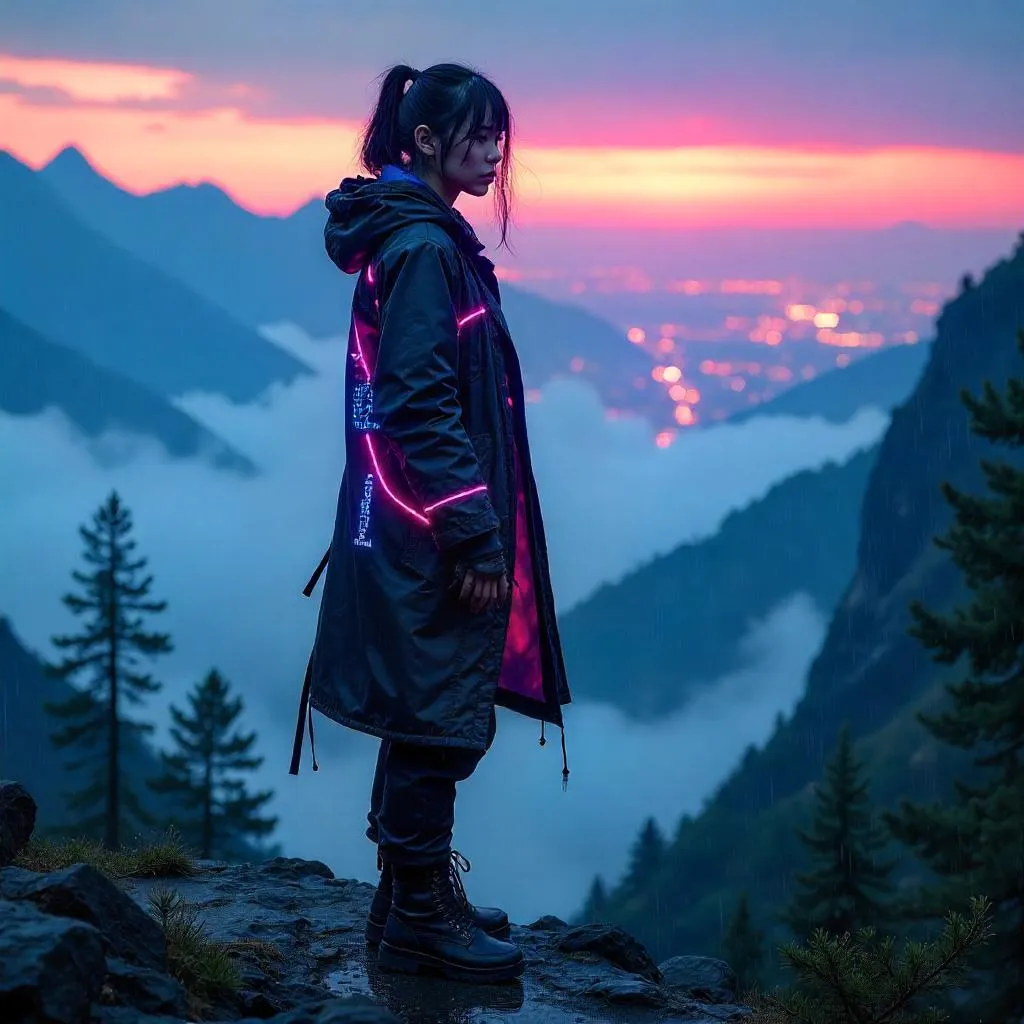 Neon Summit: Cyberpunk Asian Girl in the Mountains