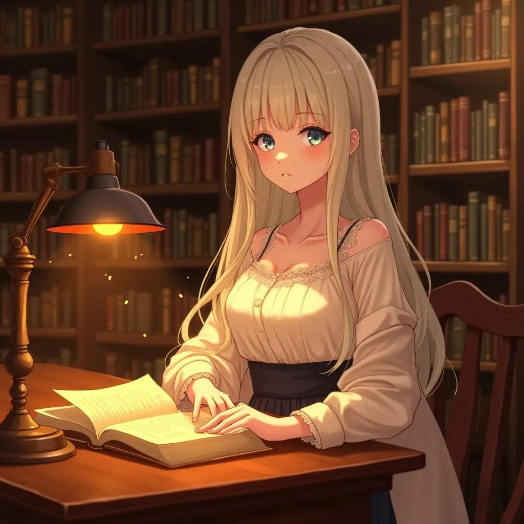 Elegant Anime Girl in a Warm Library Setting