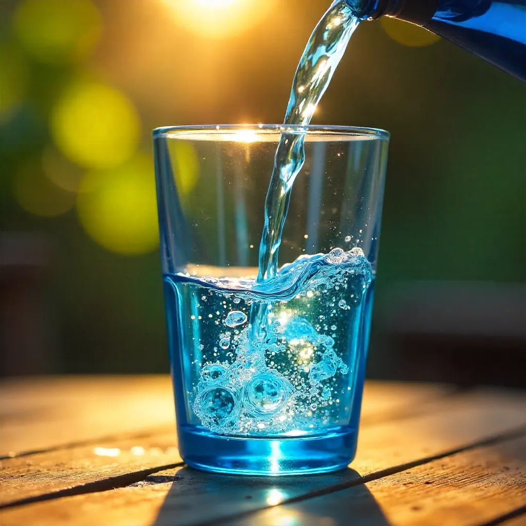 Sunlit Close-Up: Water Pour into Blue Glass