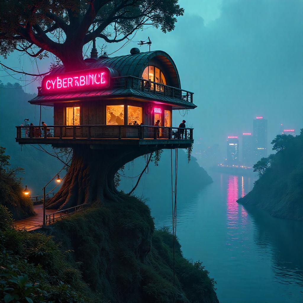 Neon River Treehouse: Cyberpunk Above Water