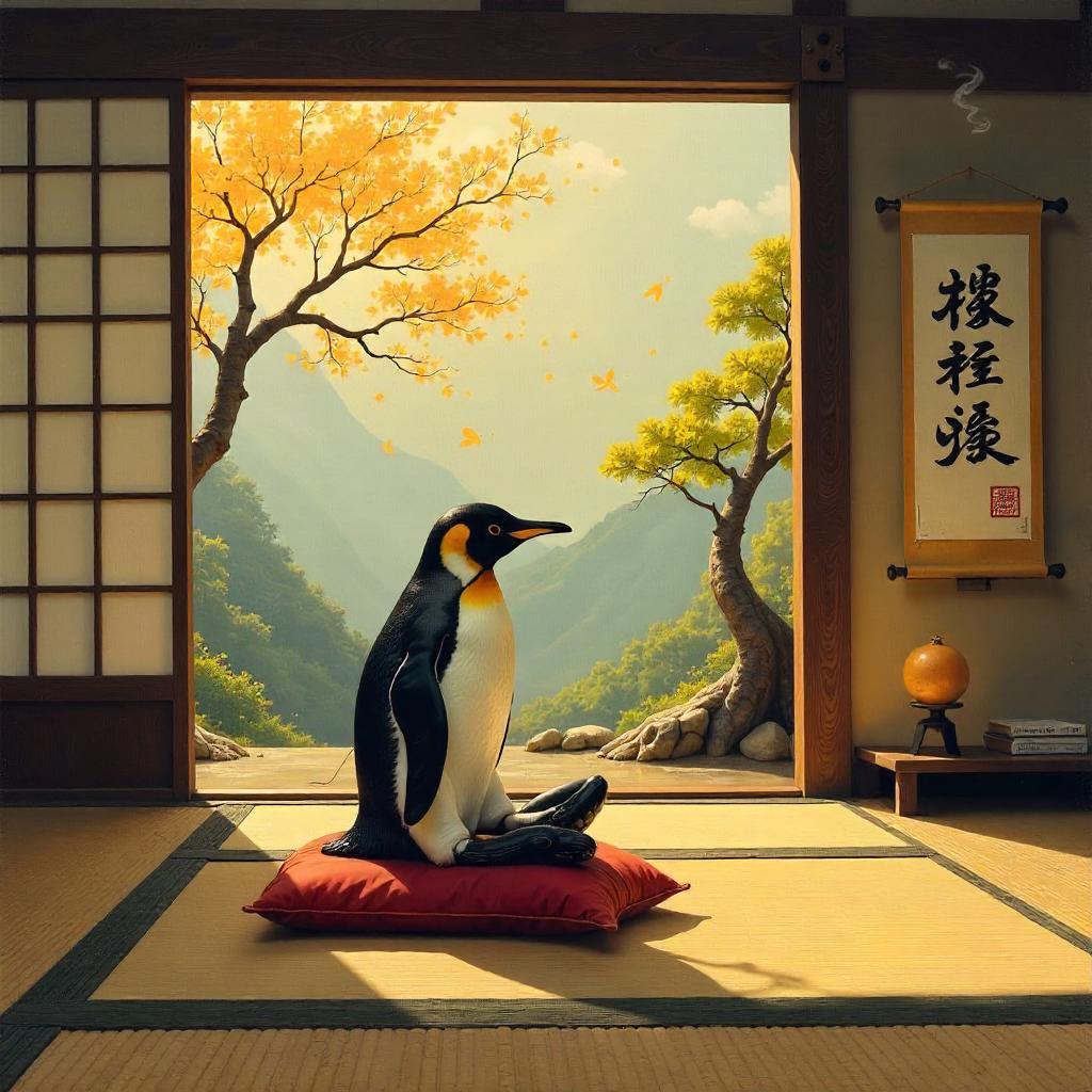 Penguin in an Oil Zen Temple