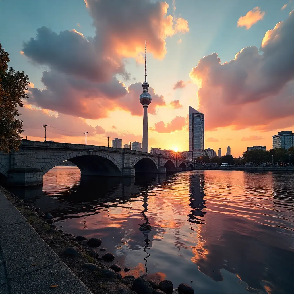 Berlin TV Tower Framed by Arch Bridge and Spree