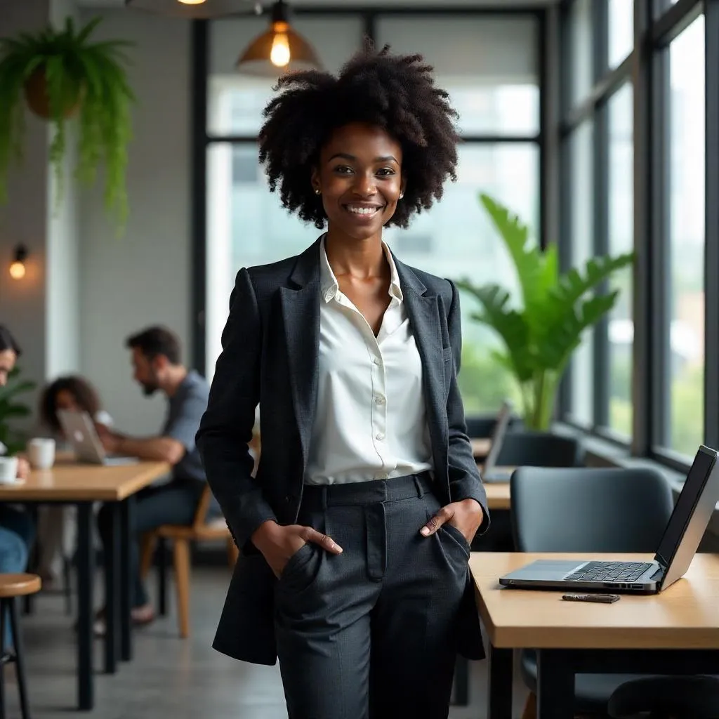 Confident Black Woman in a Modern Coworking Space (3D Render)