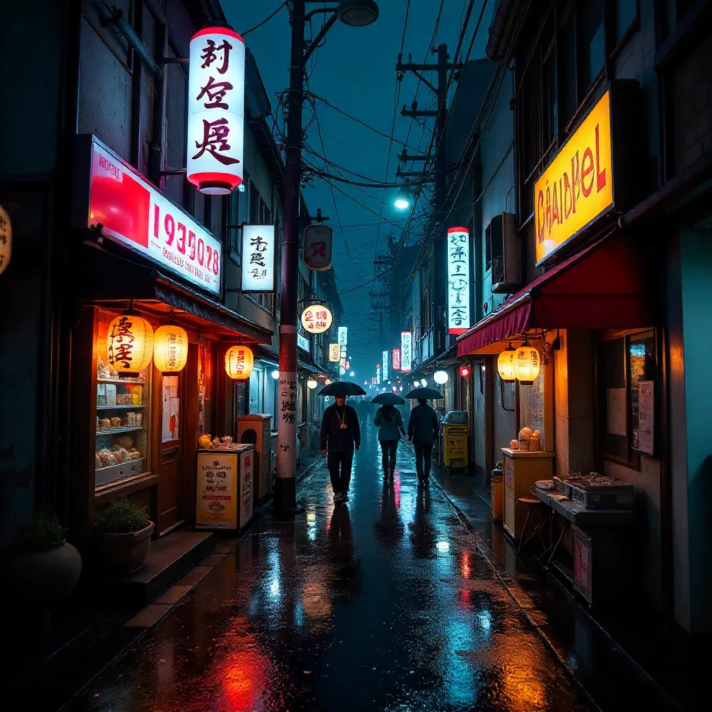 Moody Tokyo Nights: Lanterns and Neon on Rainy Streets