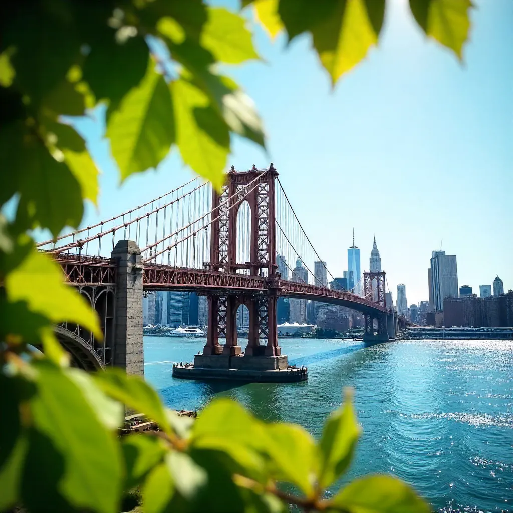Sunlit Manhattan Bridge Framed by Green Leaves