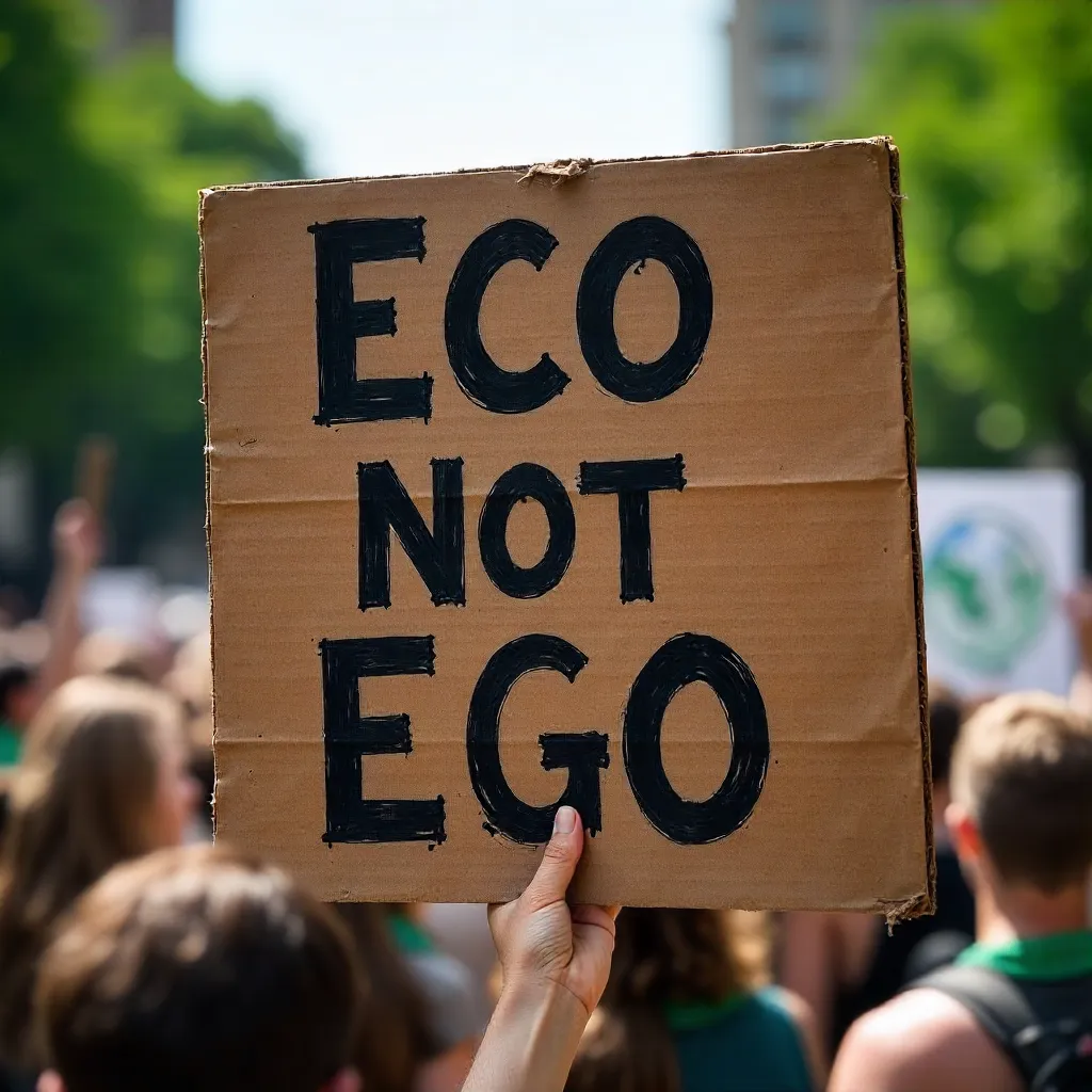 Close-Up of Eco Not Ego Protest Sign at Climate Rally