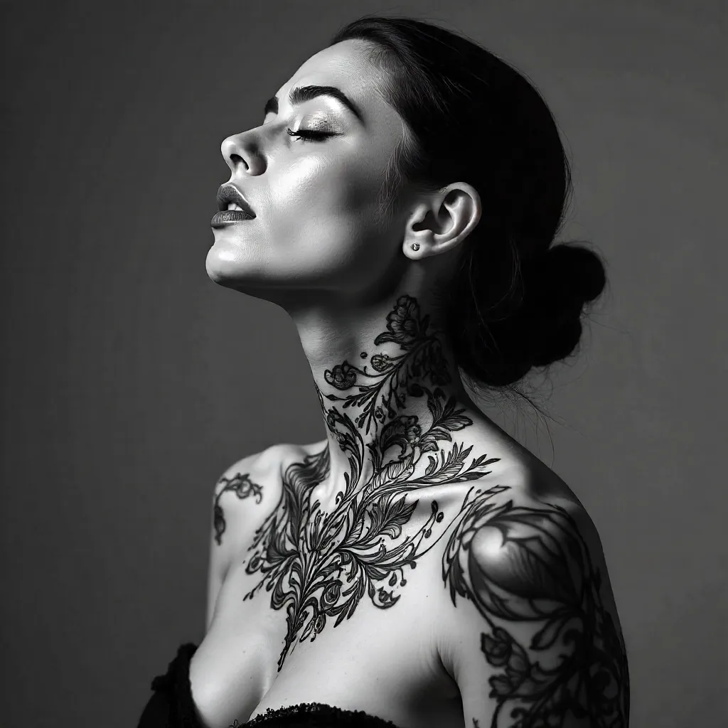 Monochrome Portrait of a Tattooed Woman with Closed Eyes