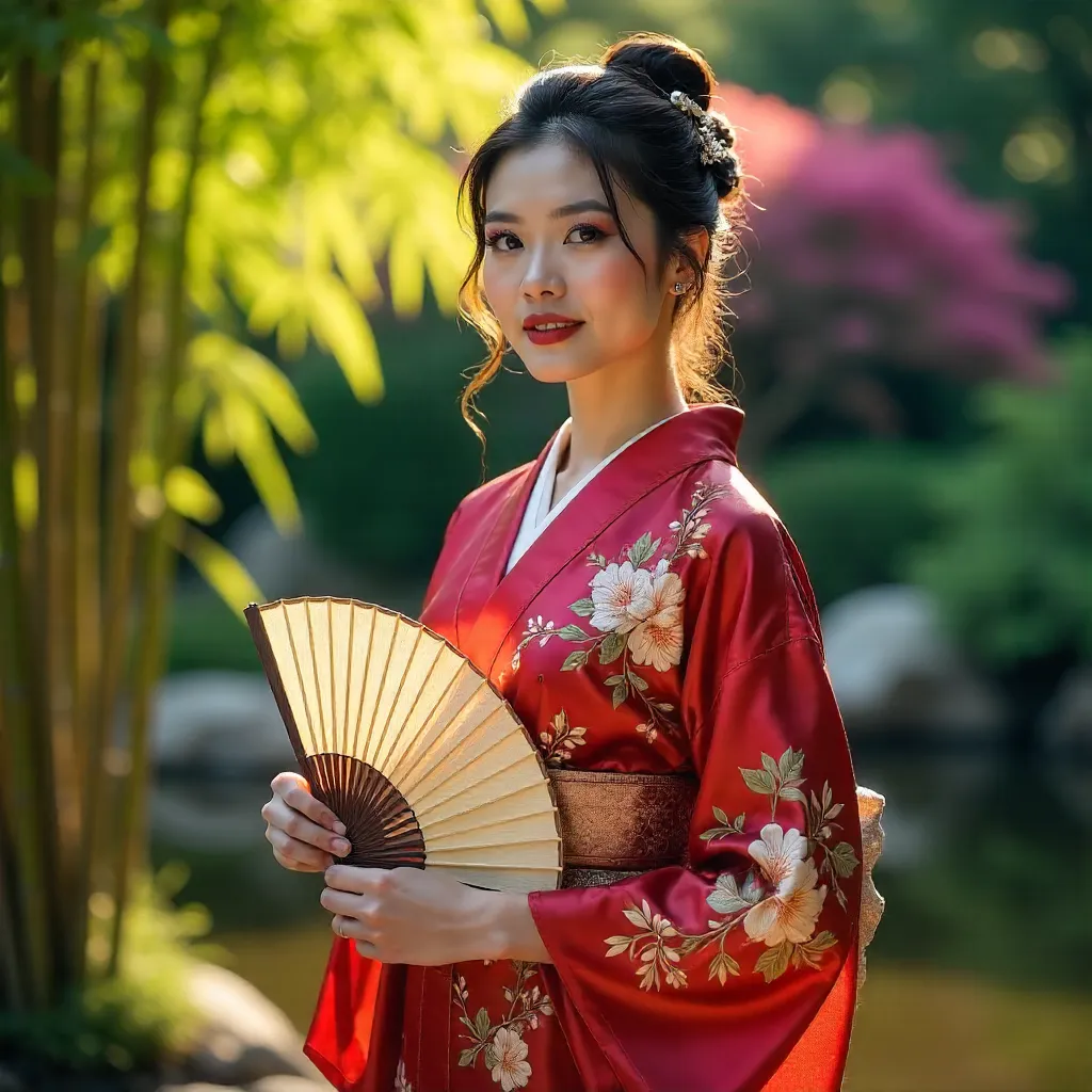 Graceful Kimono in the Garden with Fan