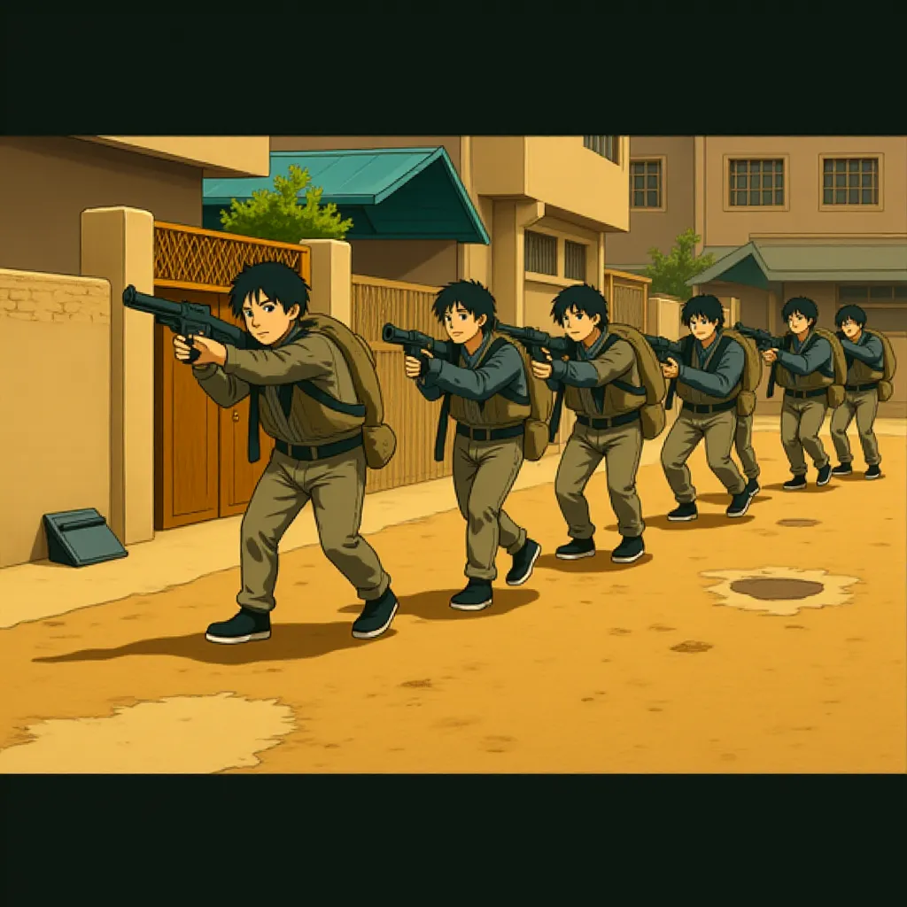 Aaron Mackenzie, Tom Dunne, Finn Bennett, Laurie Duncan, Joe Macaulay, Evan Holtzman, Charles Melton, Alex Brockdorff, Henrique Zaga, Aaron Deakins, and Jake Lampert in Warfare (2025) - Ghibli style