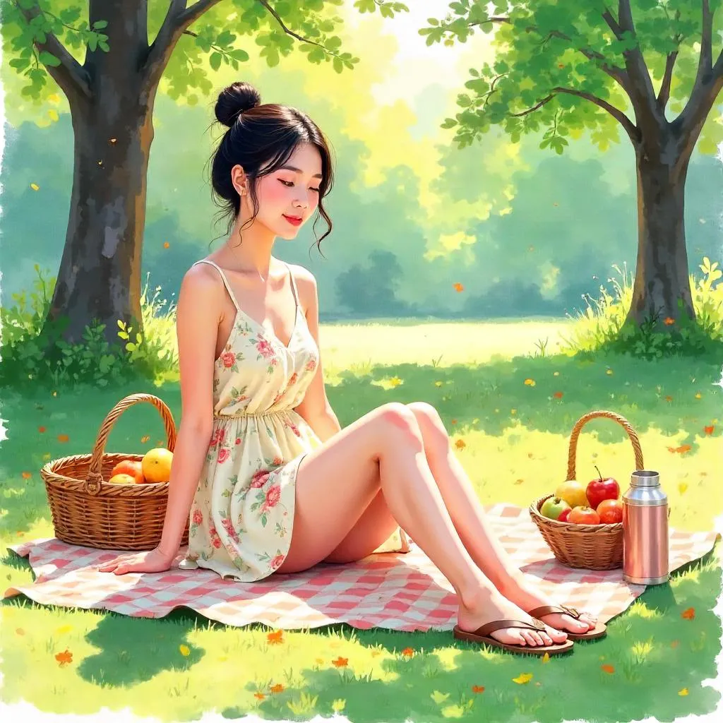Watercolor Picnic with a Young Asian Woman