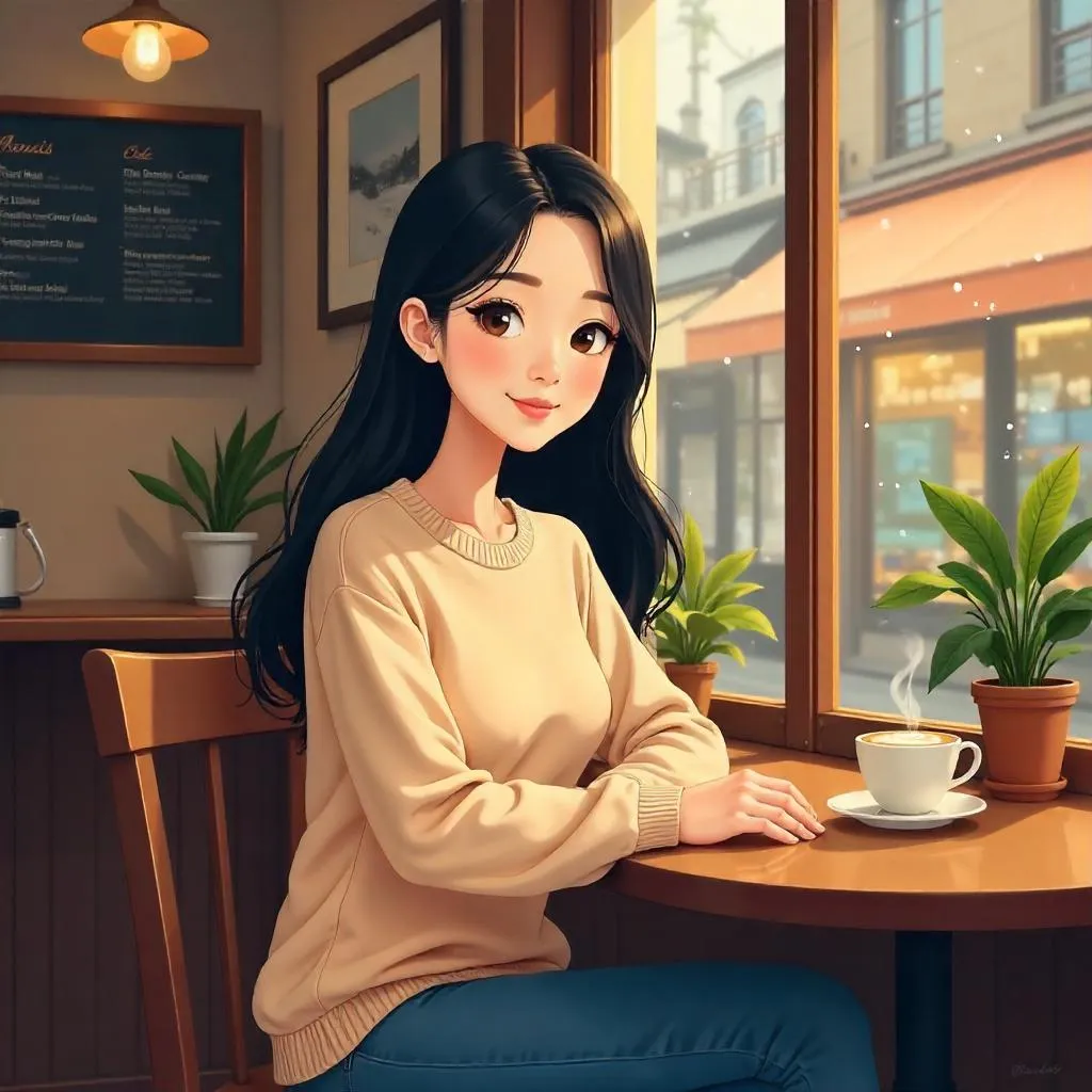 Cozy Cartoon Cafe Moment with an Asian Woman