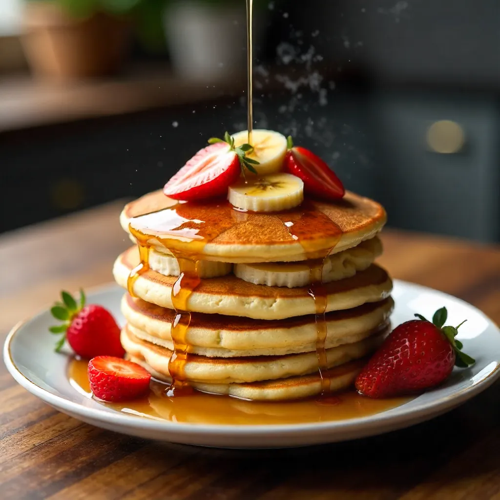 Stack of Homemade Pancakes with Syrup and Fresh Fruit