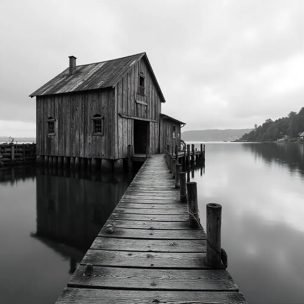 Black and White Rustic Waterfront Warehouse at Dusk
