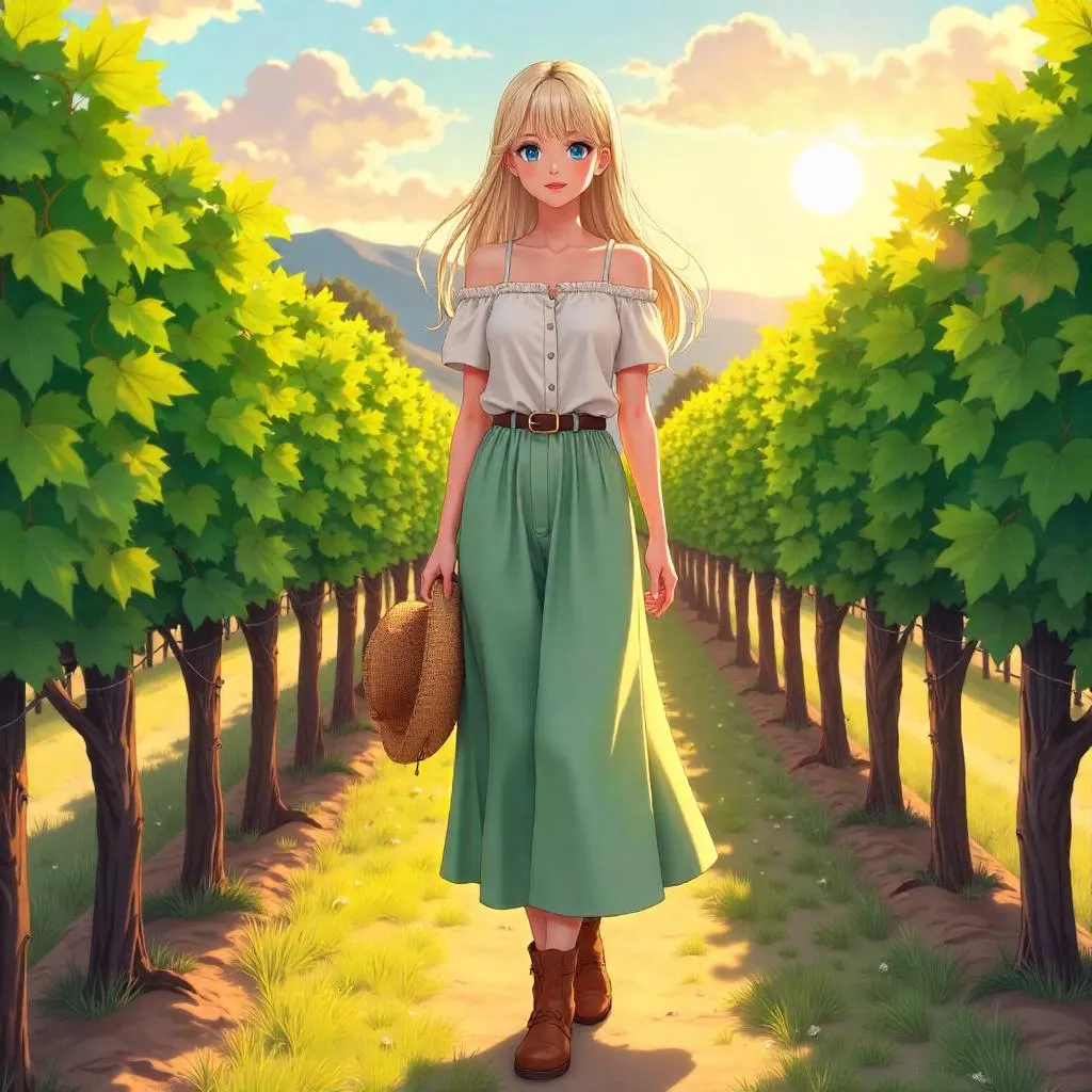 Stylish Anime Girl in a Sunlit Vineyard