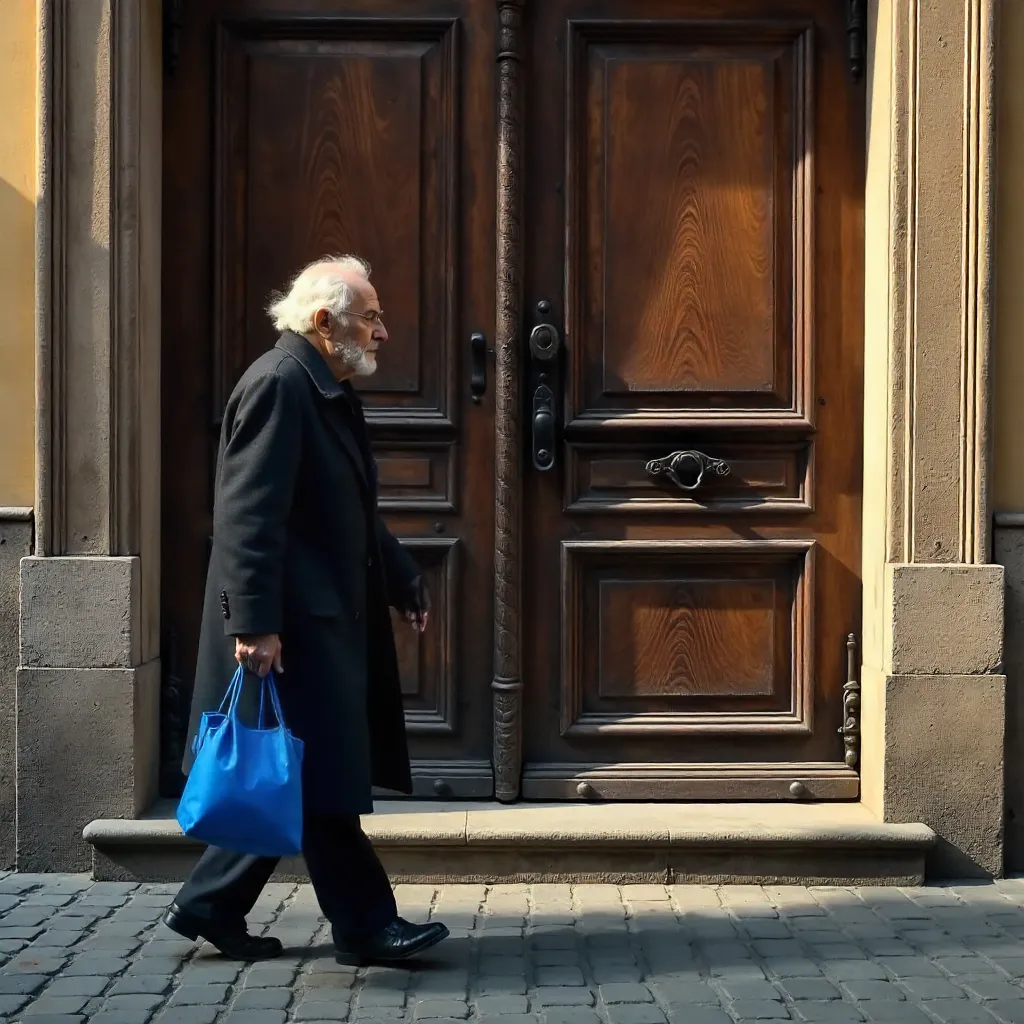 Elderly Man by a Wooden Door with Blue Bag