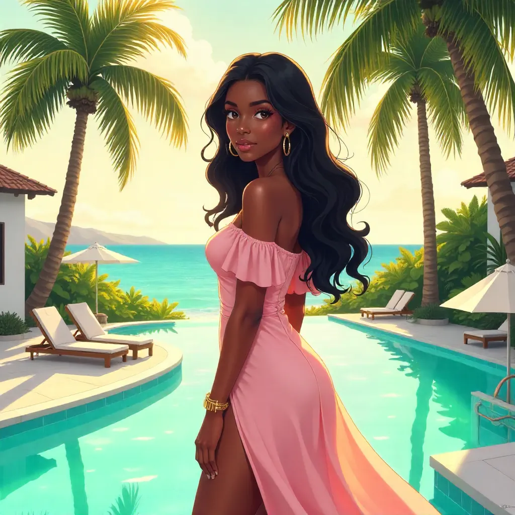 Elegant Black Girl at a Tropical Resort in Anime Style