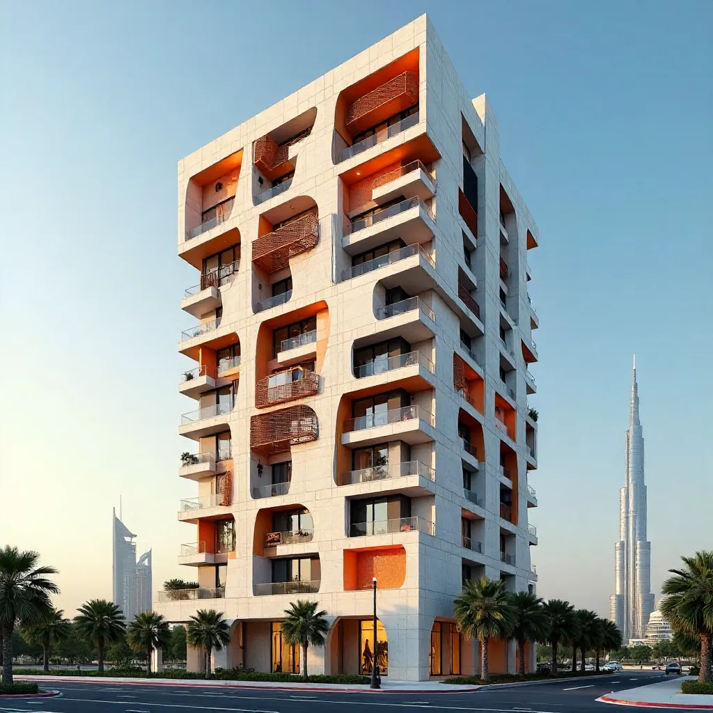 Geometric Dubai Facade with Orange Accents