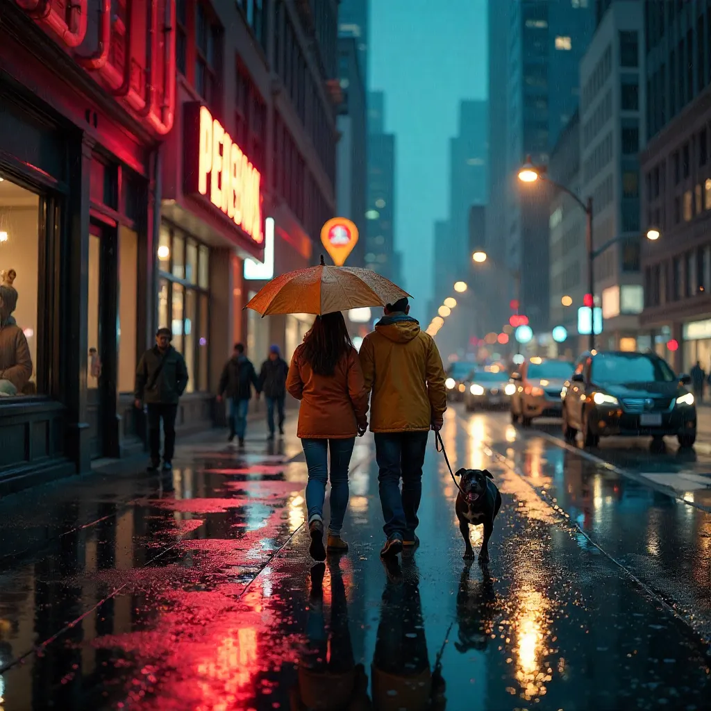 Rainy Downtown Seattle Walk under Neon Traffic Lights