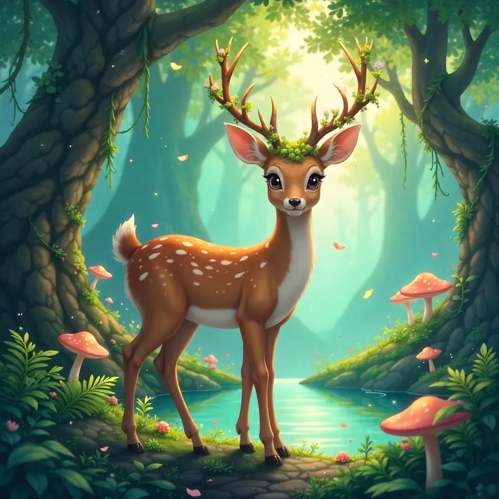 Anime Deer in an Enchanted Grove