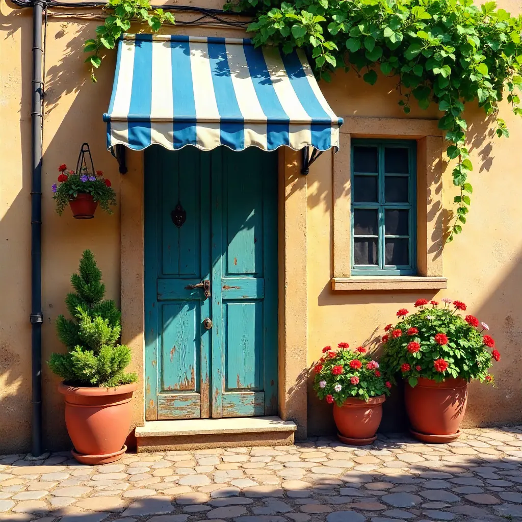 Sunlit Quaint Doorway with Striped Awning