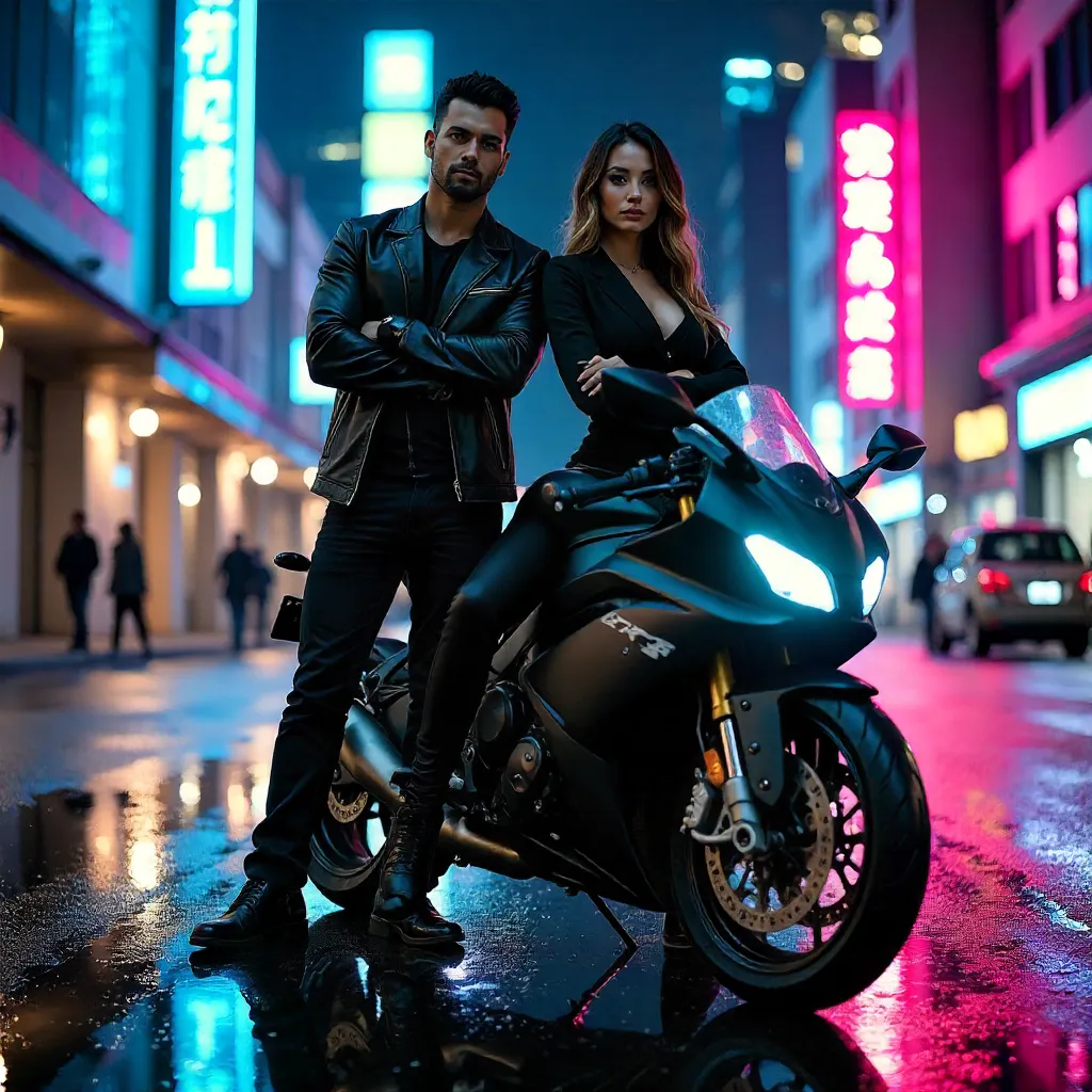 Urban Dynamic: Two Stylish Riders by a Neon Motorcycle