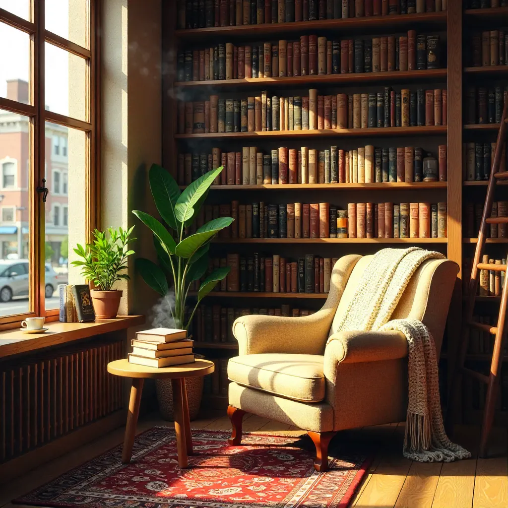 Warm Corner of a Bookstore Bathed in Sunlight