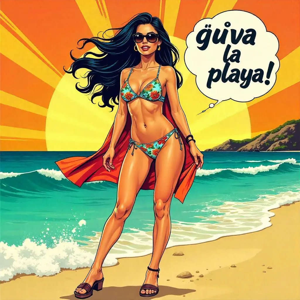 Latina Beach Hero in Bold Comic Book Style