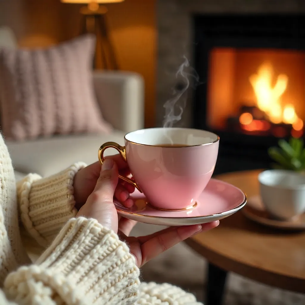 Cozy Pink Teacup in a Warm Living Room Glow