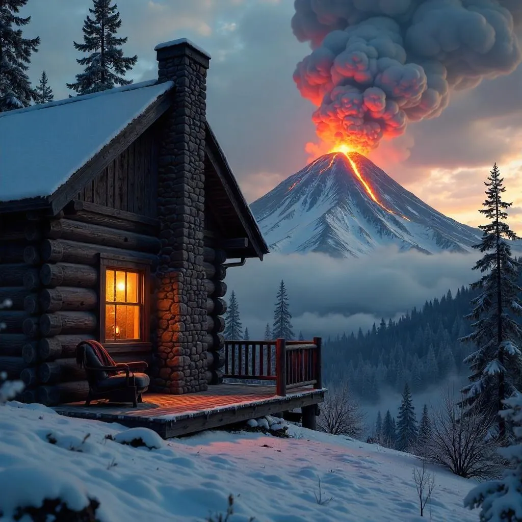 Volcano at Dusk: A Log Cabin Refuge