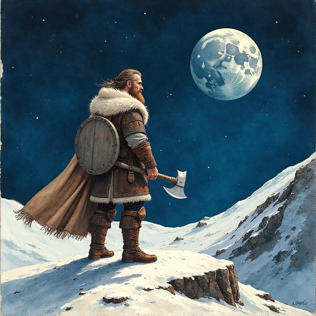 Moonbound Viking in Watercolor on the Moon