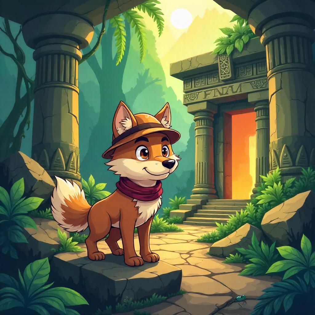 Playful Cartoon Wolf in Ancient Temple Ruins