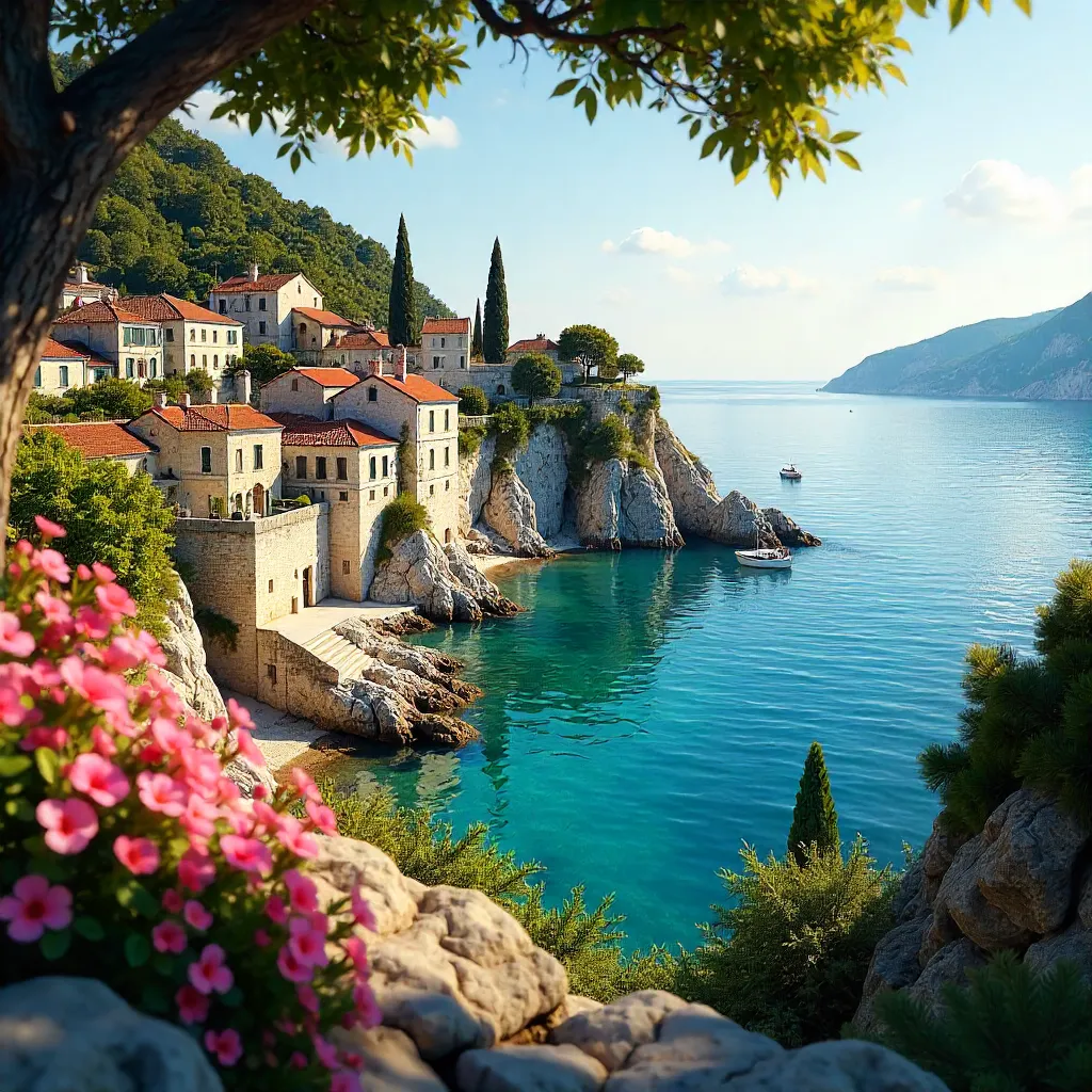 Sunlit Lopud Coastline: Stone Houses and Greenery