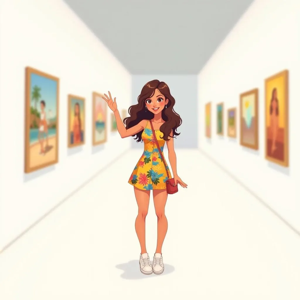 Cheerful Latina in an Anime Art Gallery