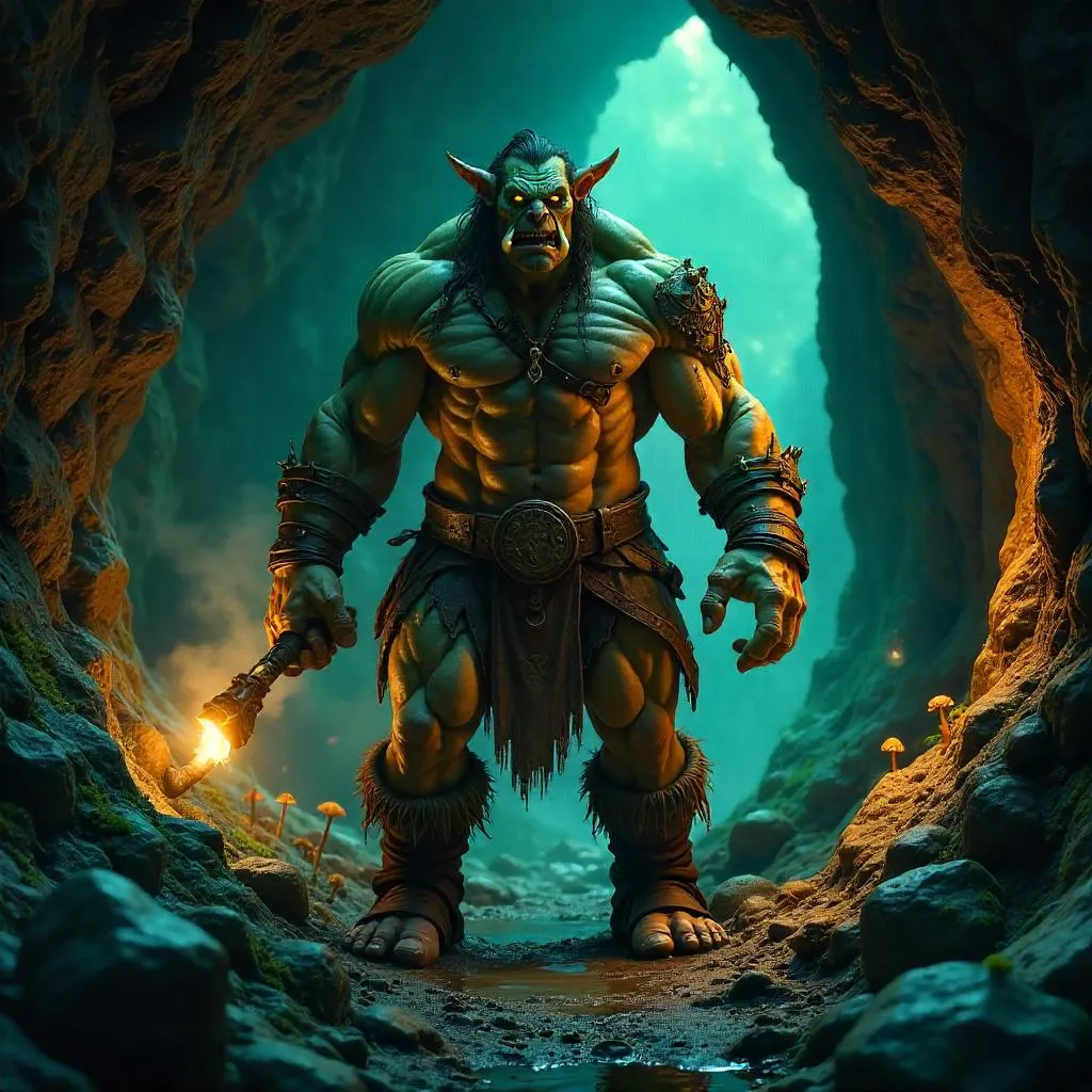 Photorealistic Orc in a Shadowy Cave