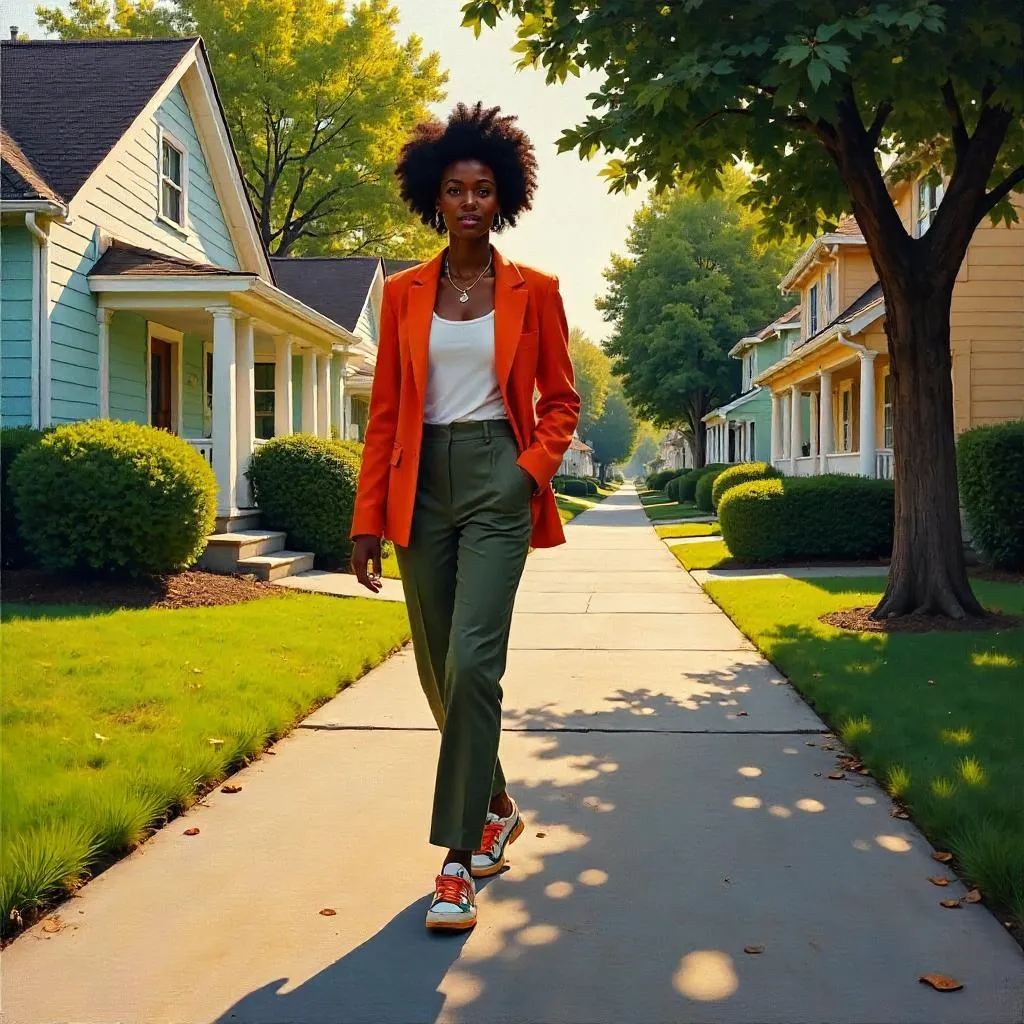 Sunlit Suburban Stroll: An Oil Portrait of Style