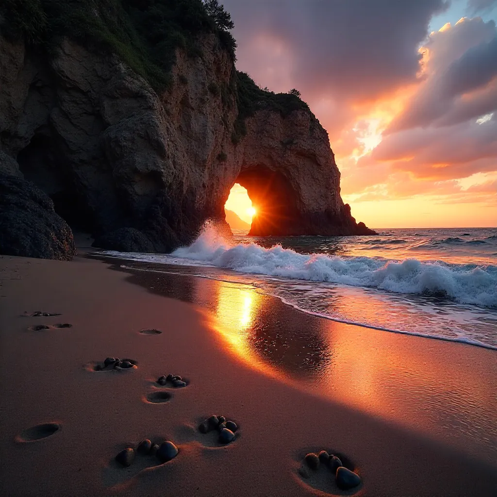 Footprints to the Illuminated Coastal Cave at Sunset