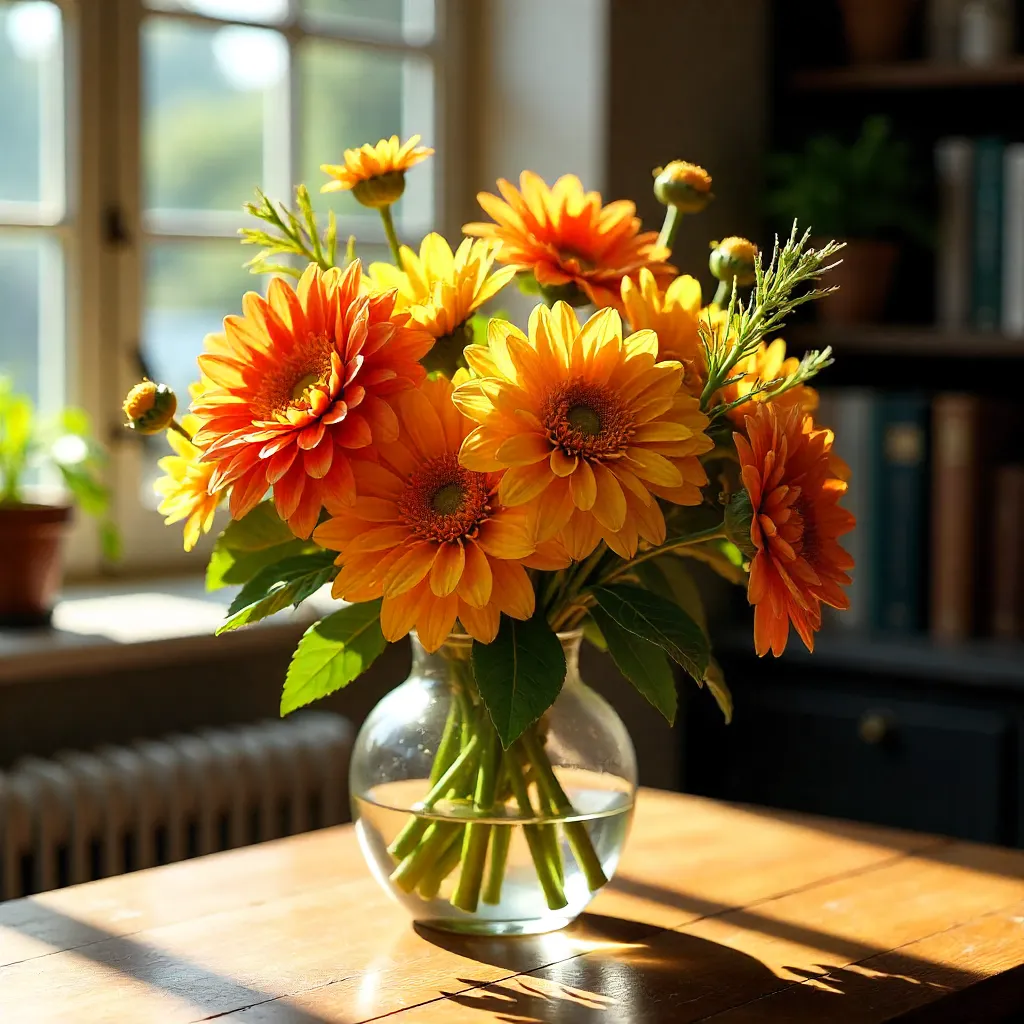 Bright indoor bouquet of orange and yellow dahlias in a vase