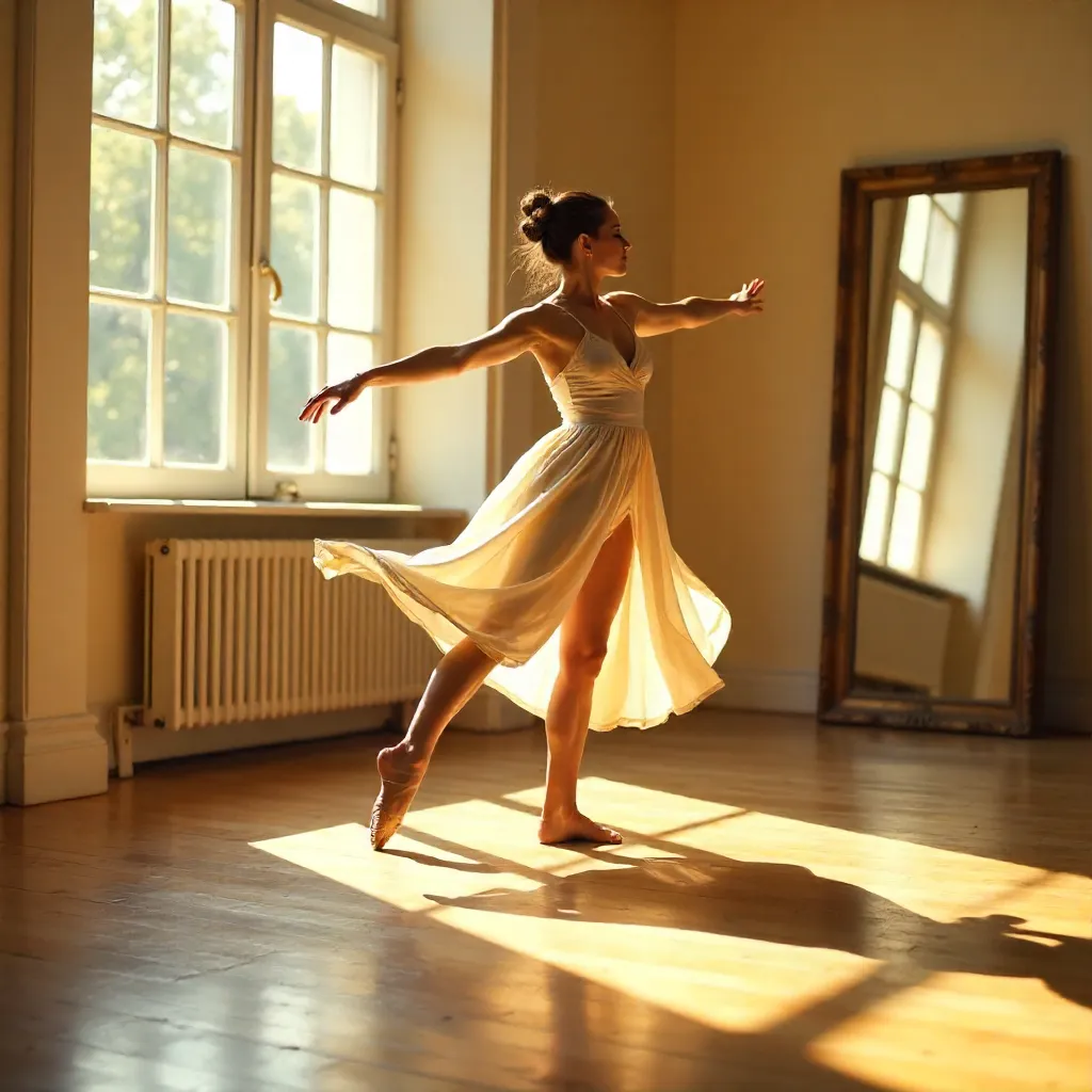 Sunlit Studio: Graceful Dancer in Fluid Motion