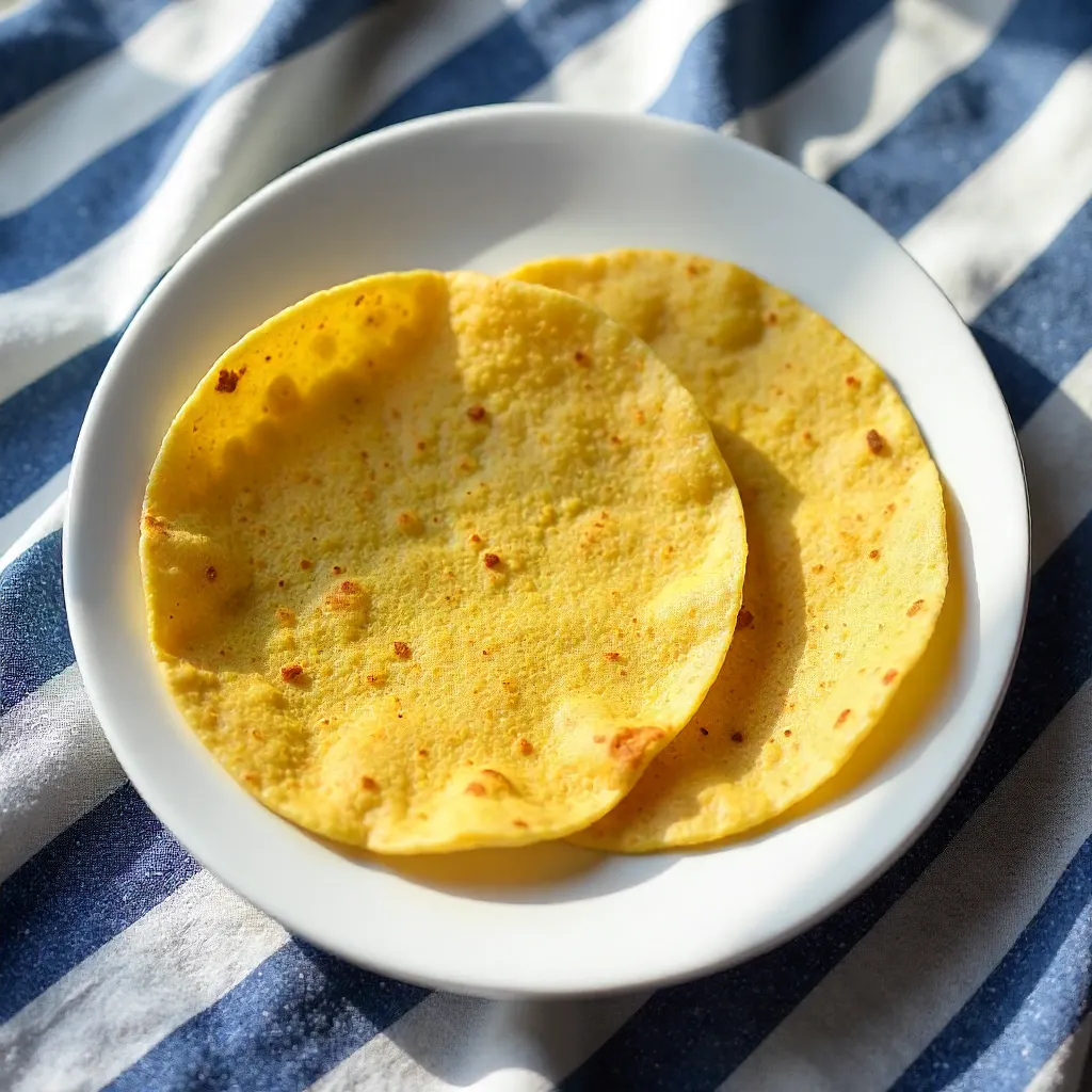 Two Corn Tortillas on White Plate with Striped Textile