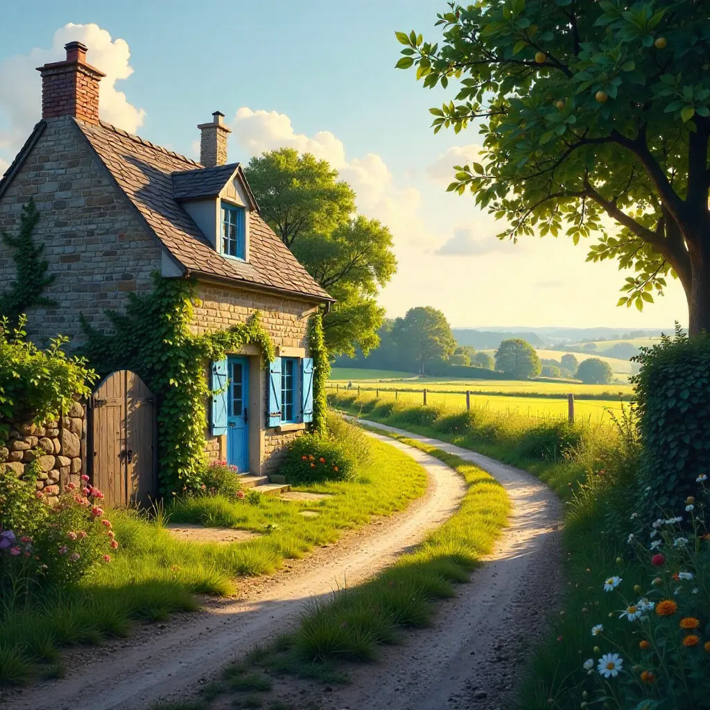 Sunlit Countryside Near Rennes: Stone House and Trees