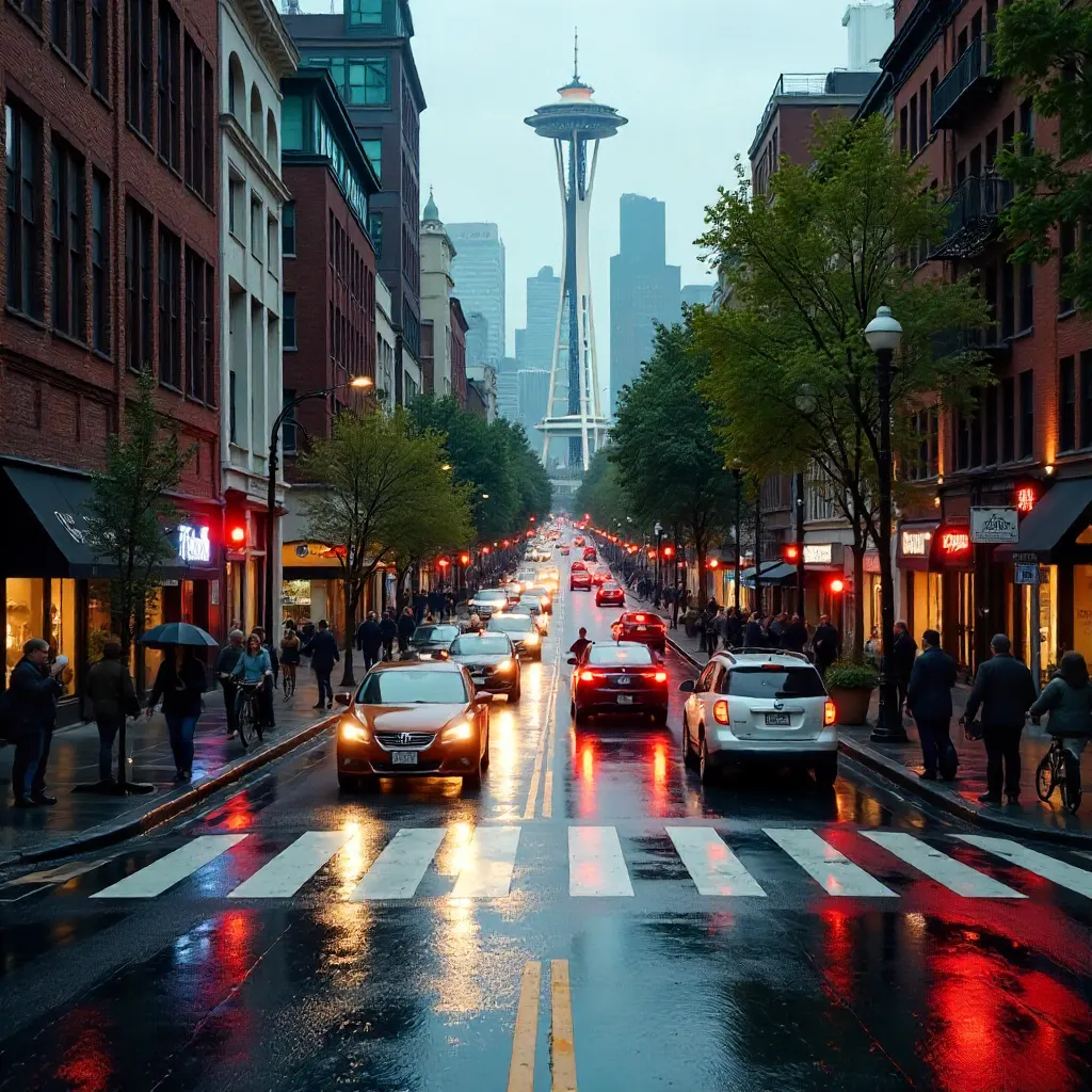 Bustling Daytime Street Scene in Downtown Seattle
