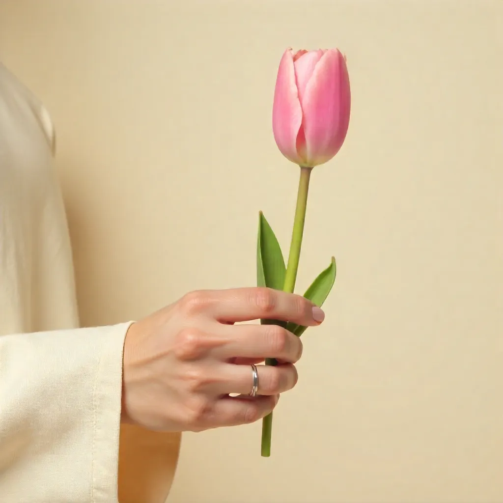 Minimalist Close-Up: Hand with Pink Tulip and Beige