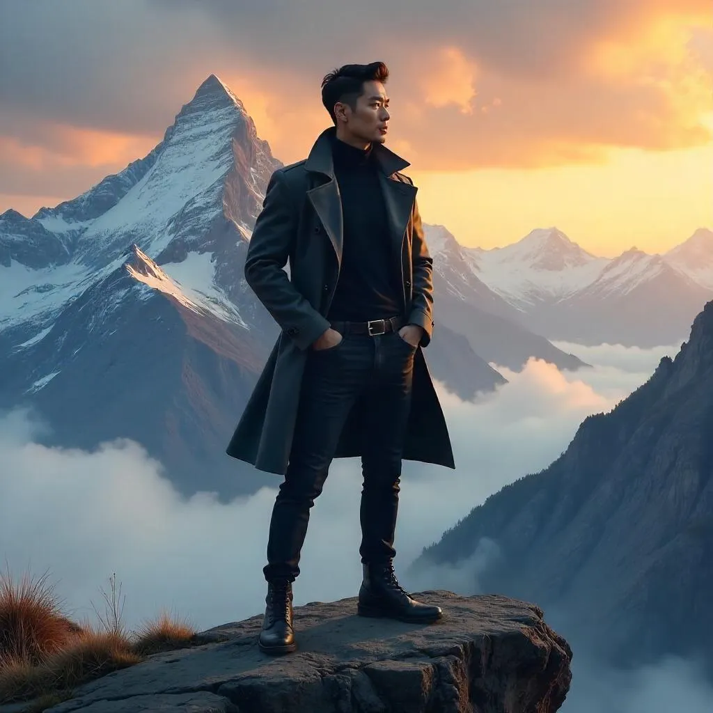 Stylish Asian Man in Golden Mountain Light