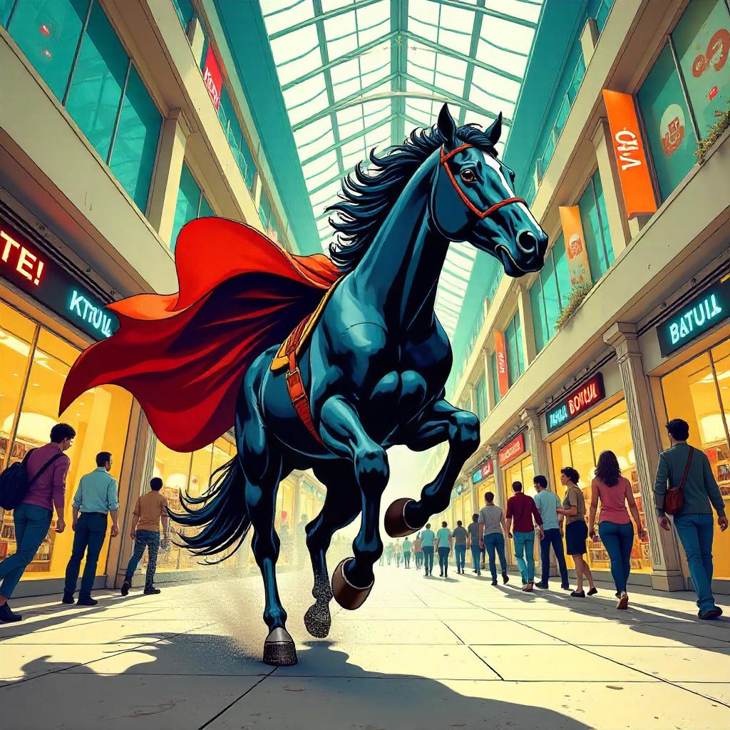 Heroic Horse in a Neon Mall Showdown