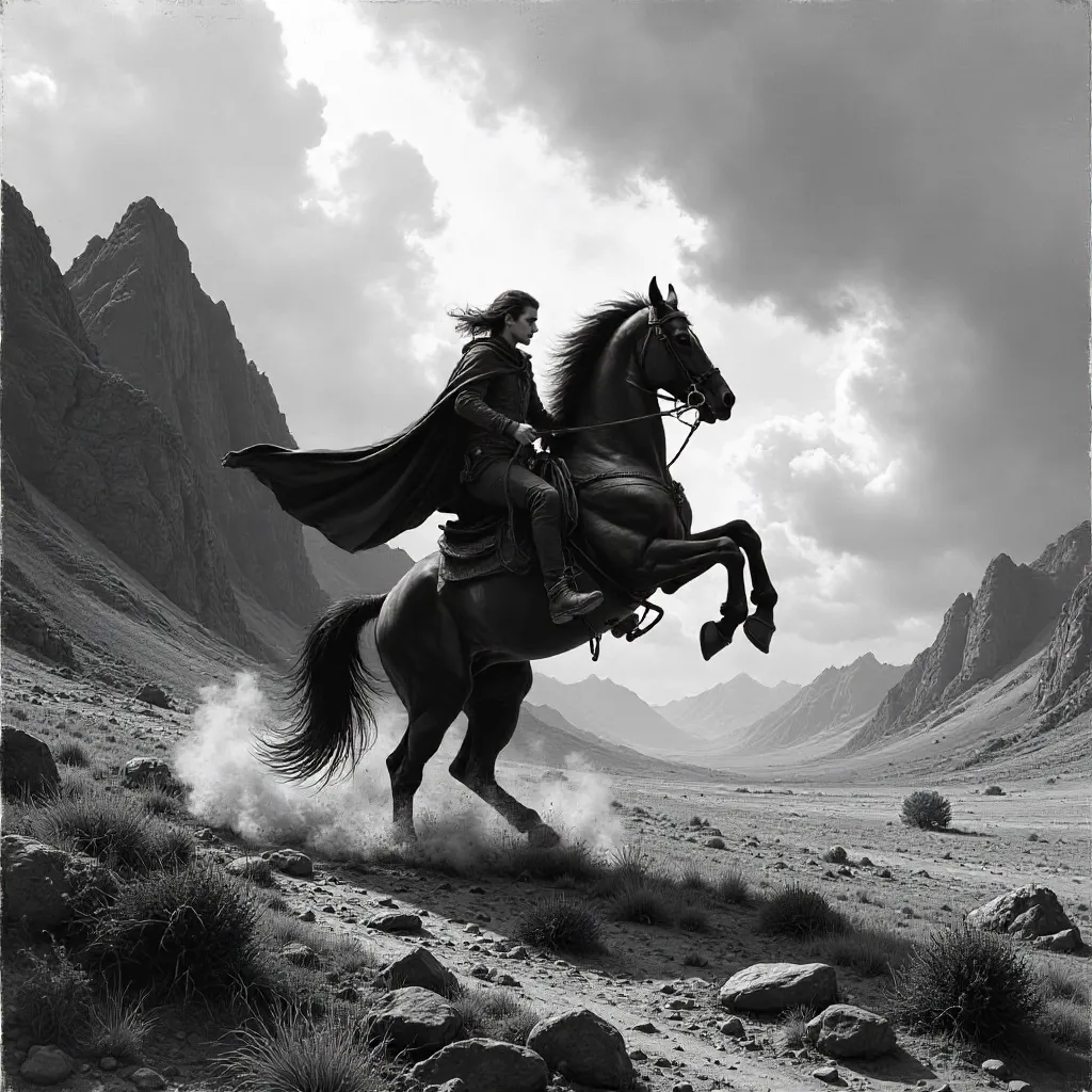 Monochrome Rearing Horse Rider in Dramatic Landscape
