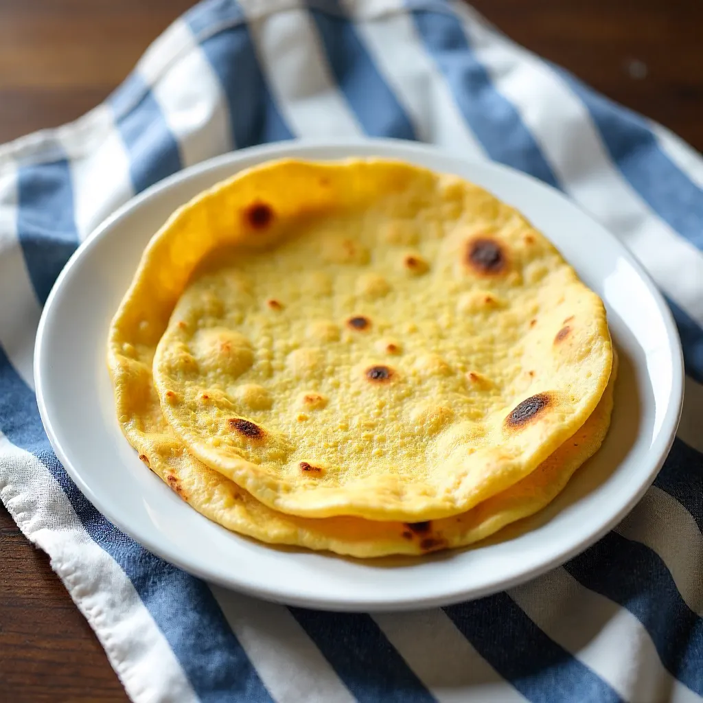 Two Corn Tortillas on White Plate over Striped Textile