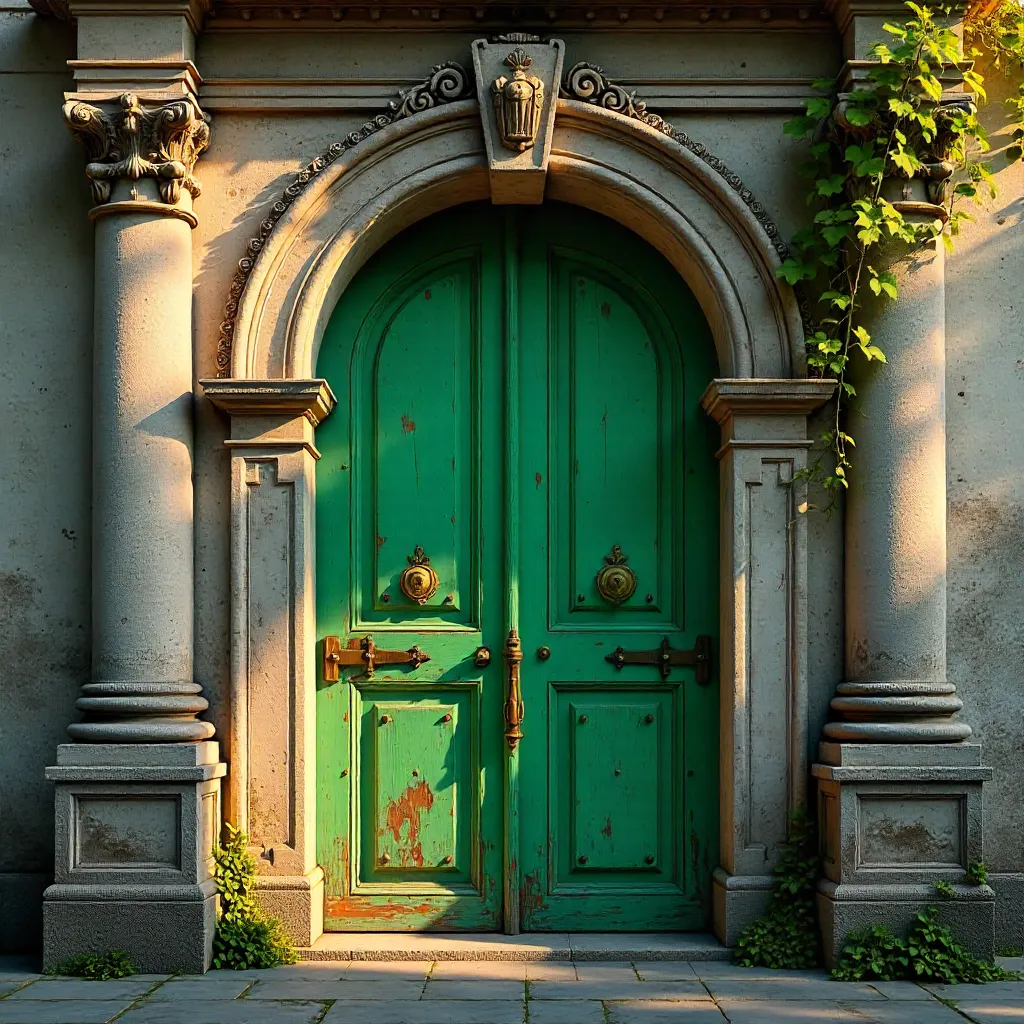 Antique Stone Archway Framing a Green Wooden Door