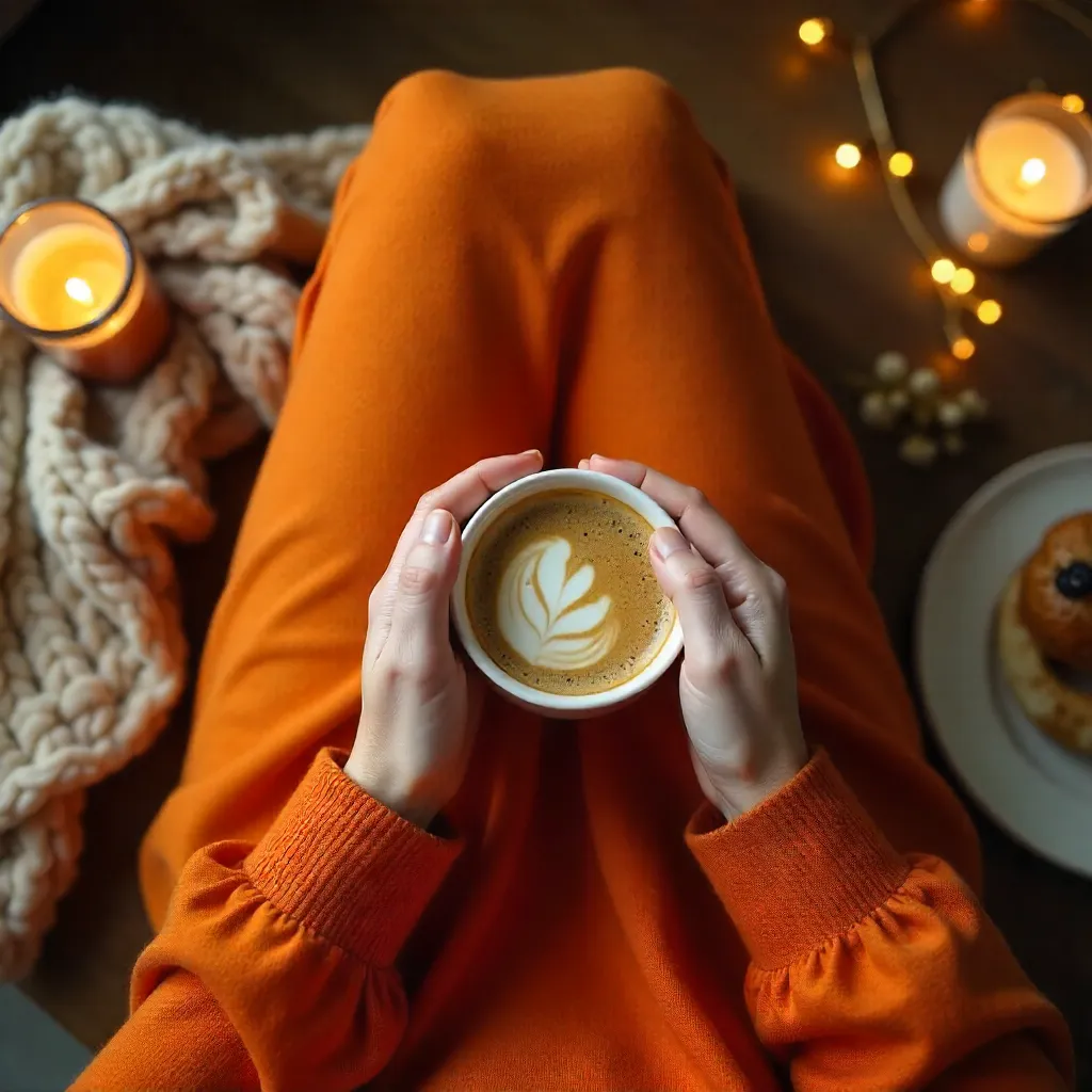 Overhead Cozy Moment: Orange Dress and Coffee