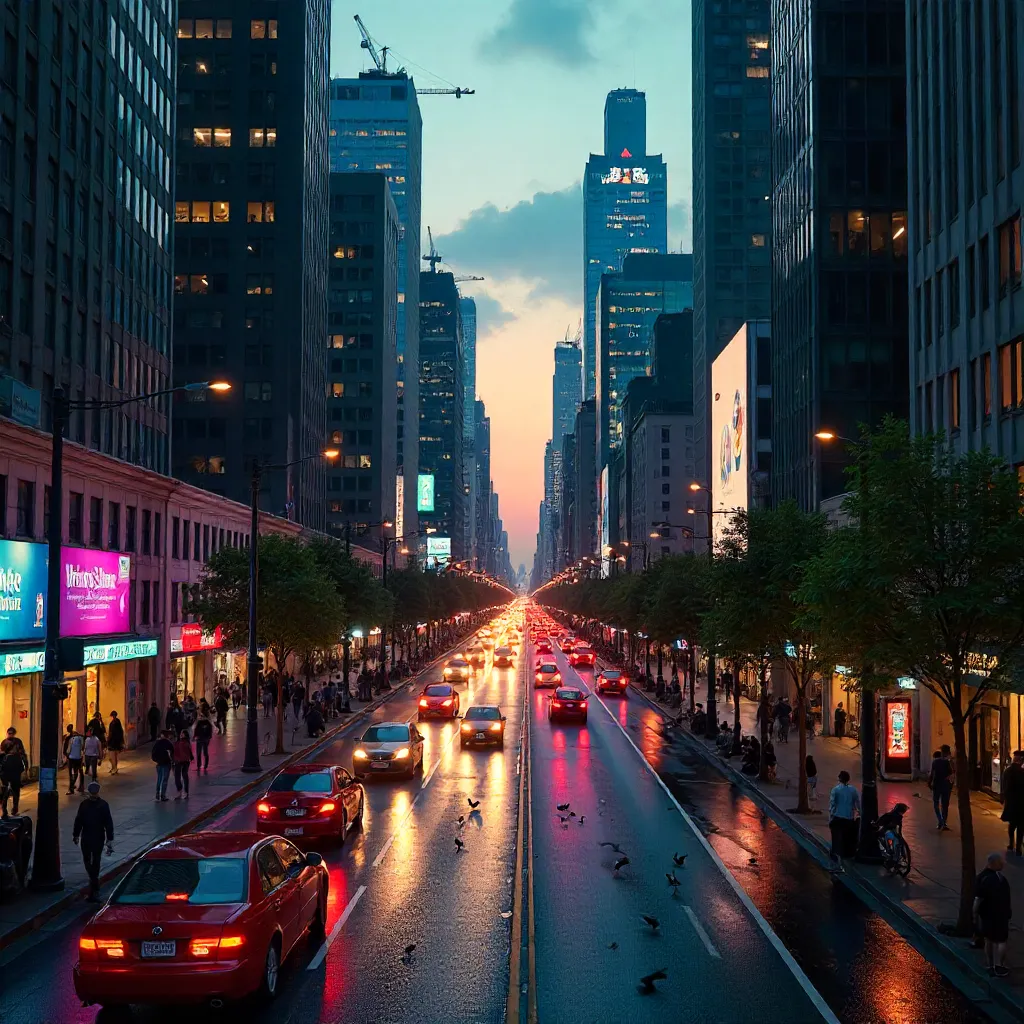 Bustling Skyline Street at Dusk: Traffic and Towers